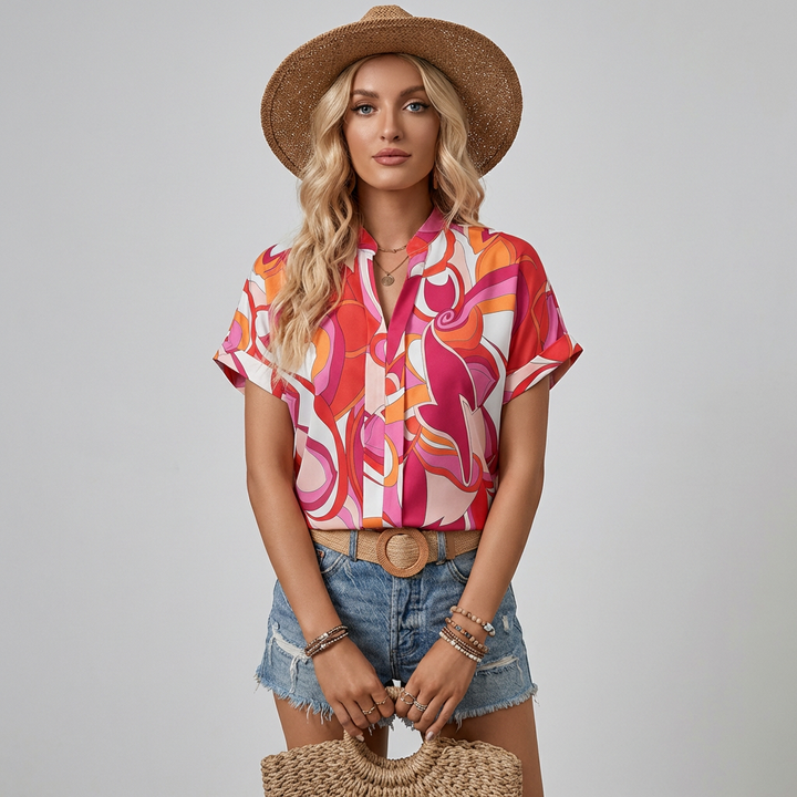 Damebluse med V-hals, paisley-print og drop-shoulder