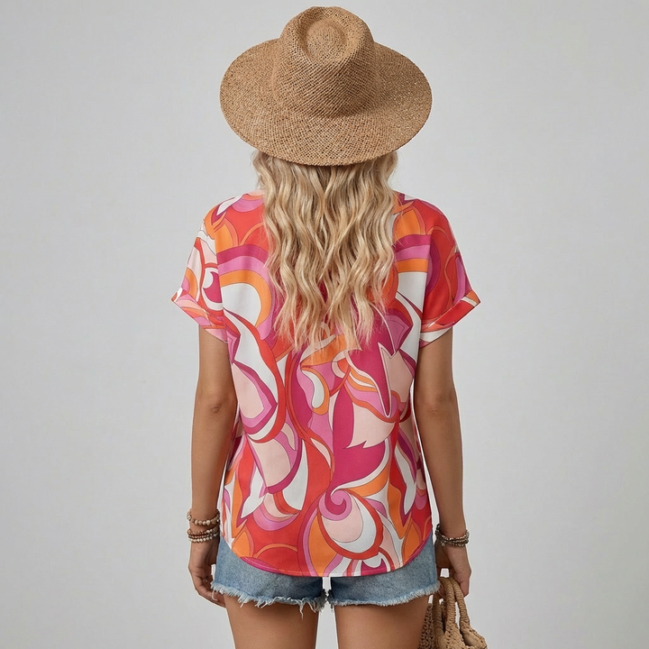 Damebluse med V-hals, paisley-print og drop-shoulder