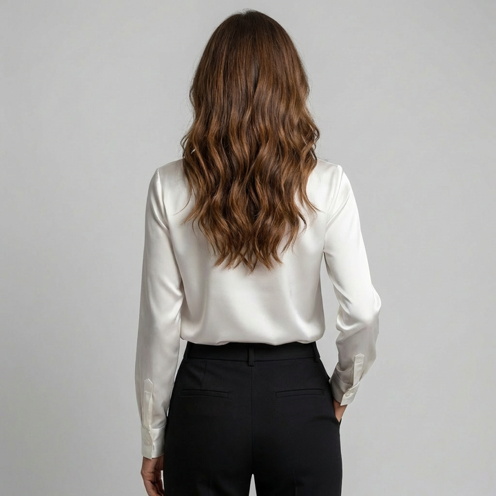 Elegant satinbluse med vandfaldskrave