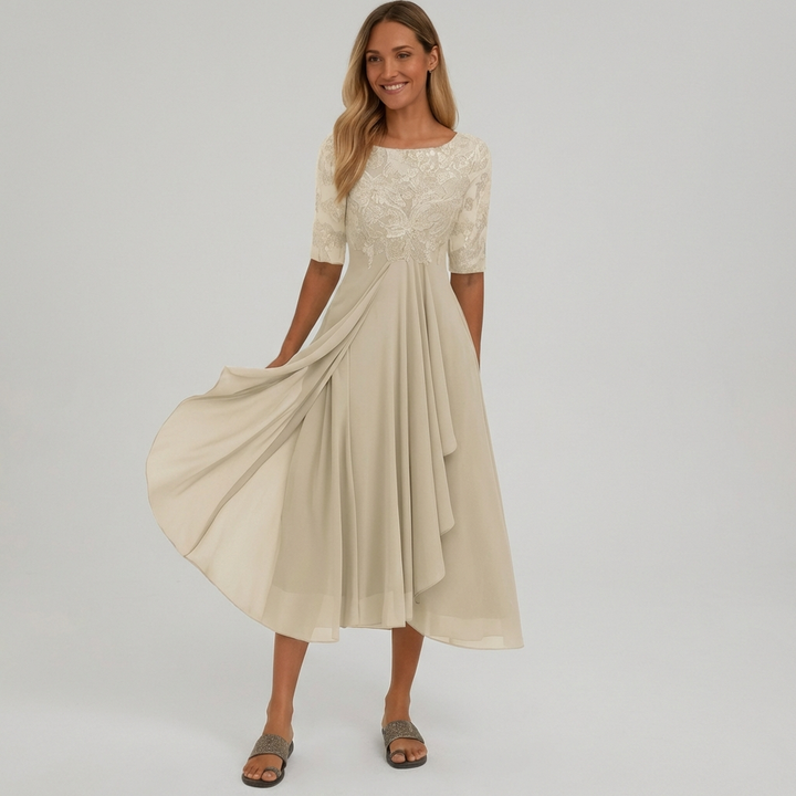 Midikjole i blonde og chiffon til kvinder