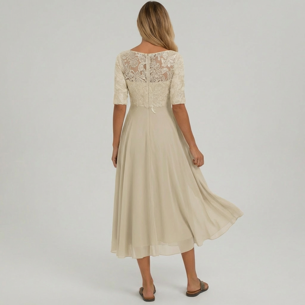 Midikjole i blonde og chiffon til kvinder