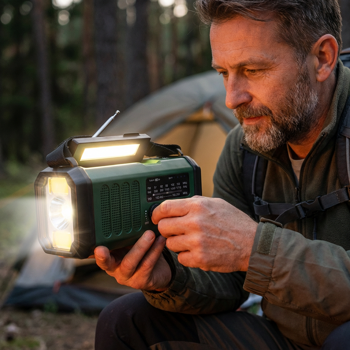 Nødradio med håndsving, solpanel og powerbank-funktion