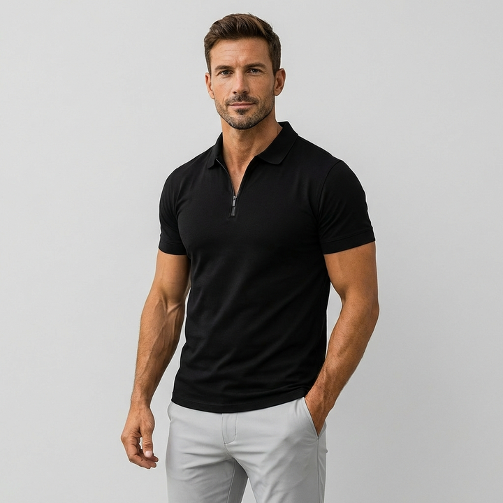Herre Slim Fit Polo T-shirt med Kort Lynlås