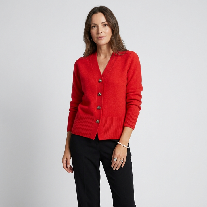 Hyggelig strikket cardigan med V-hals