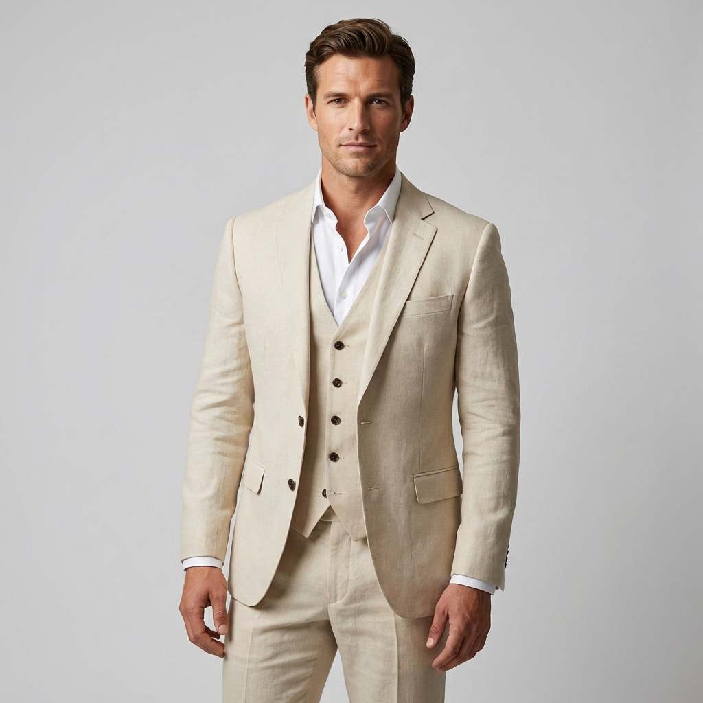 Tredelt linned-sæt til mænd: Blazer, vest og bukser