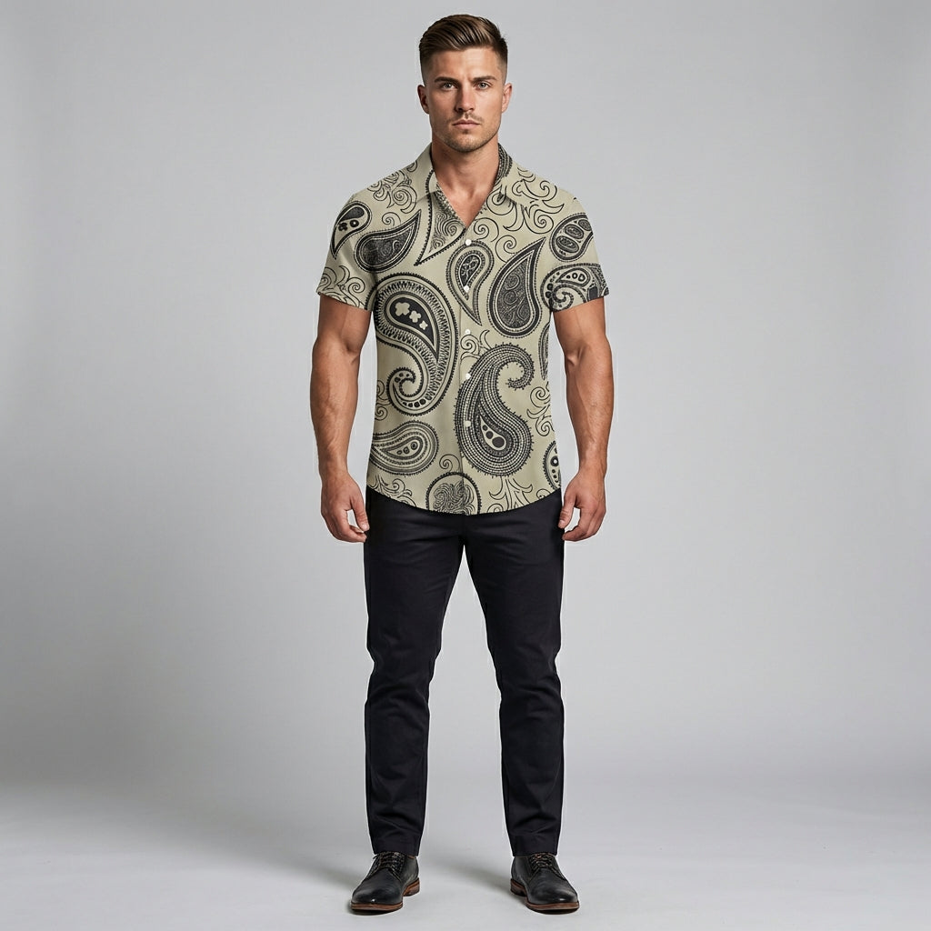 Casual streetstyle herre skjorte i hør med tribal-mønster