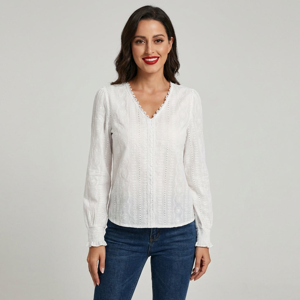 Kvinders V-hals Blonder Trim Bluse