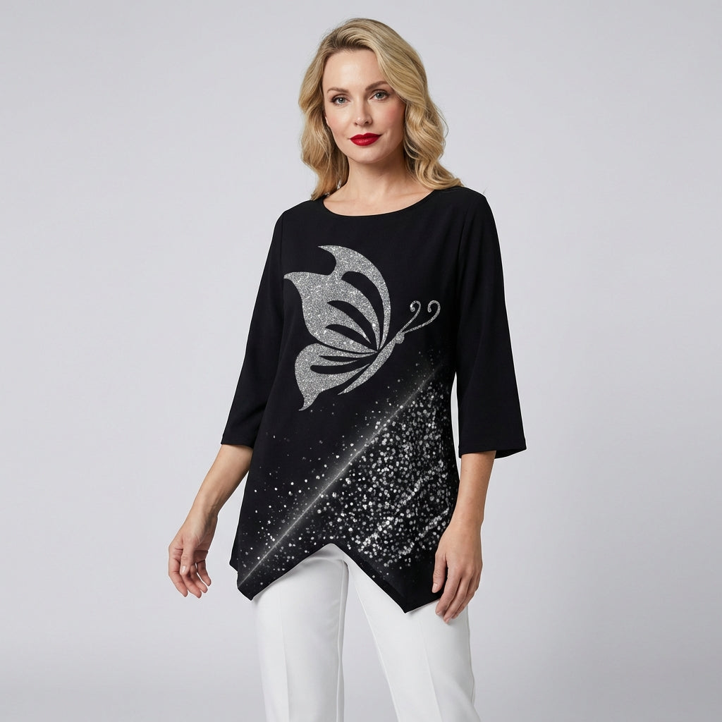 Sommerfugl Print Bluse Med Rund Hals
