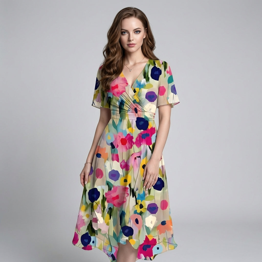 Stilfuld midikjole med blomsterprint og ruching til kvinder
