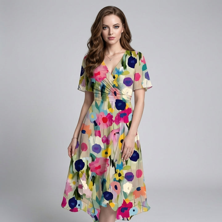 Stilfuld midikjole med blomsterprint og ruching til kvinder