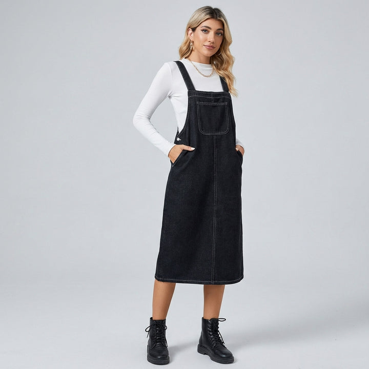 Dame midi denimforklædekjole