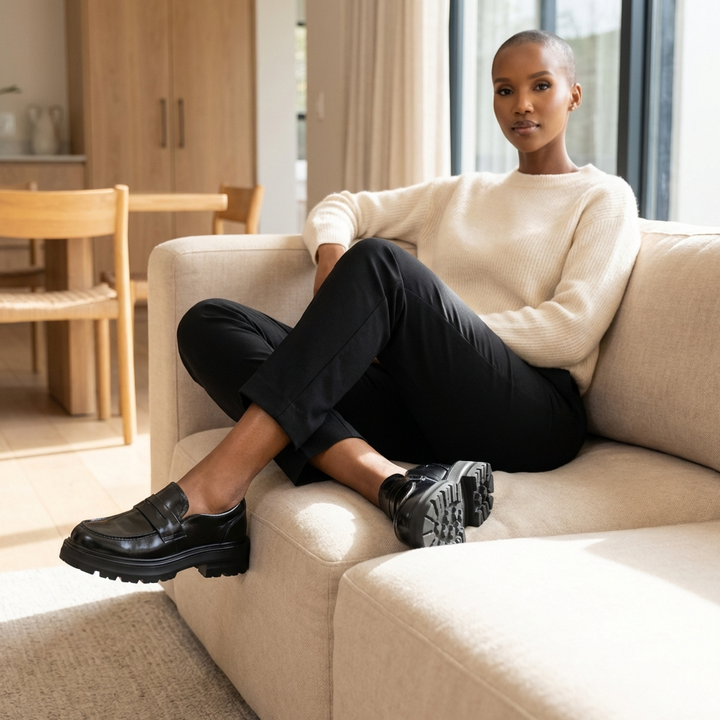 Herreloafers i læder med penny-rem og mock-toe-mønster