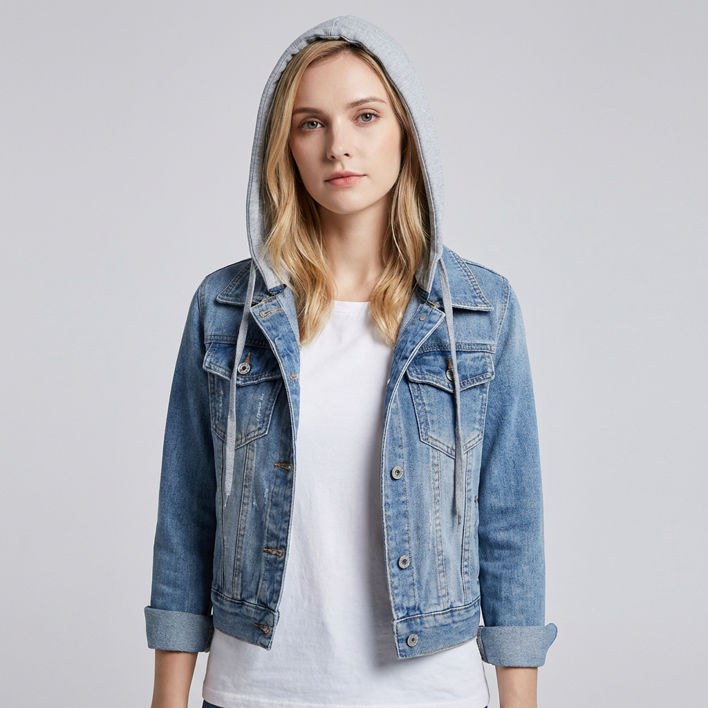 Beskåret Denim Jakke med Hætte til Kvinder