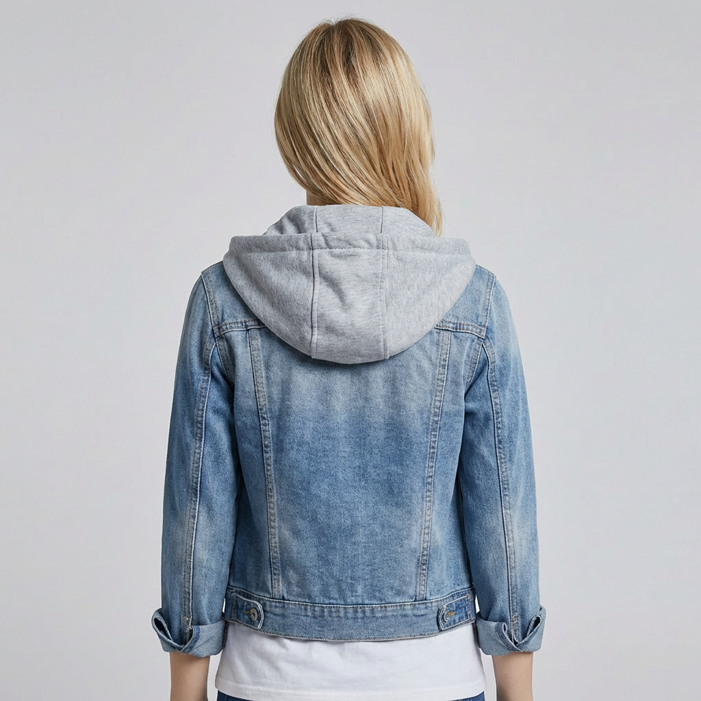 Beskåret Denim Jakke med Hætte til Kvinder