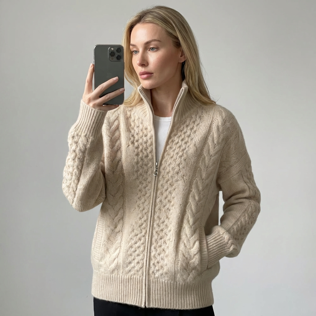 Cashmere cardigan med høj halsudskæring