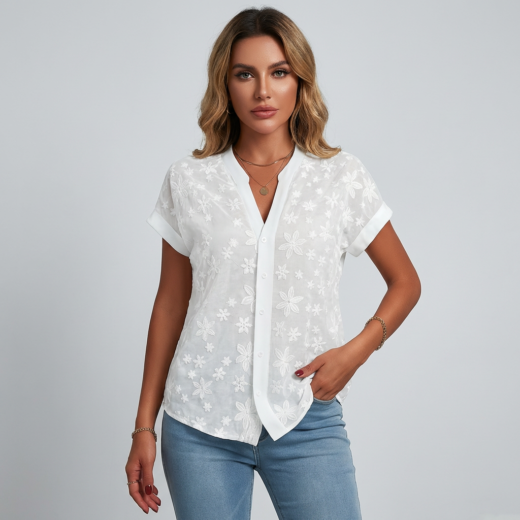 Kortærmet bluse med blomsterprint til kvinder