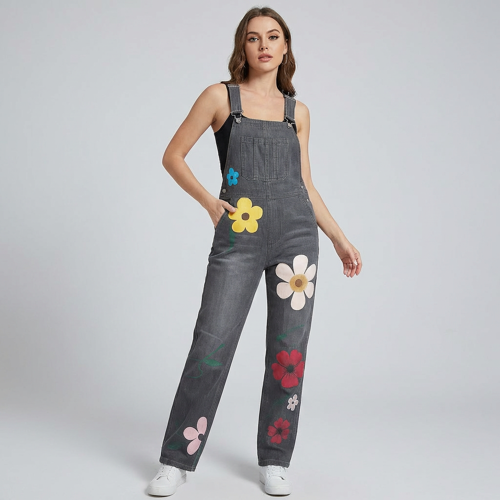 Damejumpsuit med blomsterprint i denim
