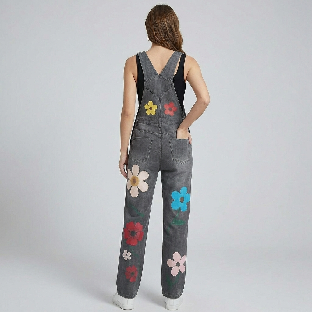 Damejumpsuit med blomsterprint i denim