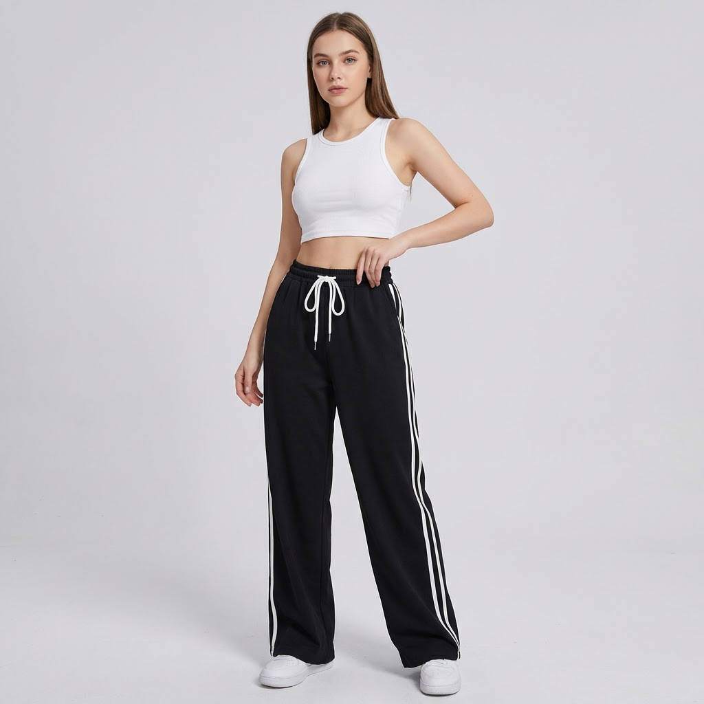 Trendy sporty bukser med vide ben