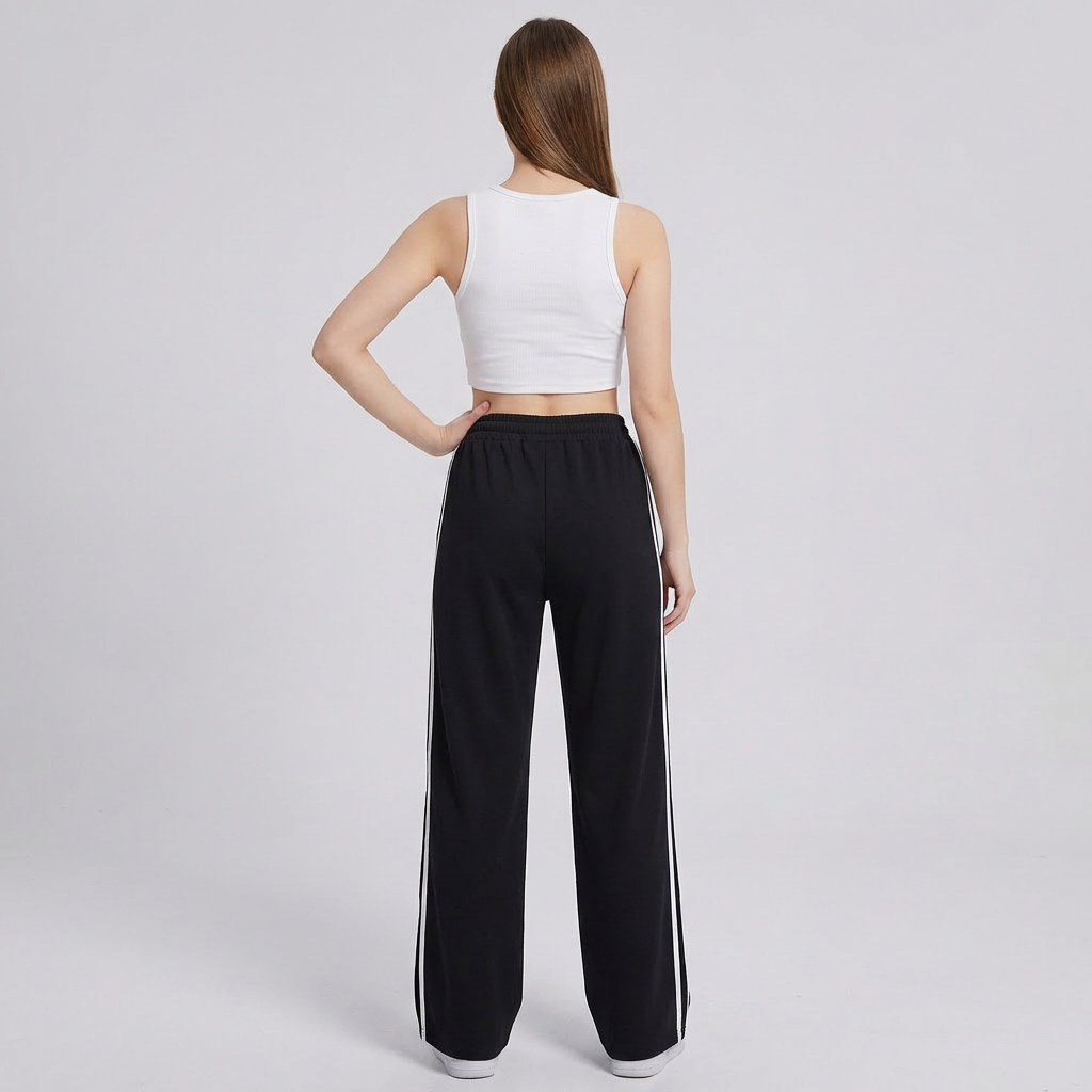 Trendy sporty bukser med vide ben