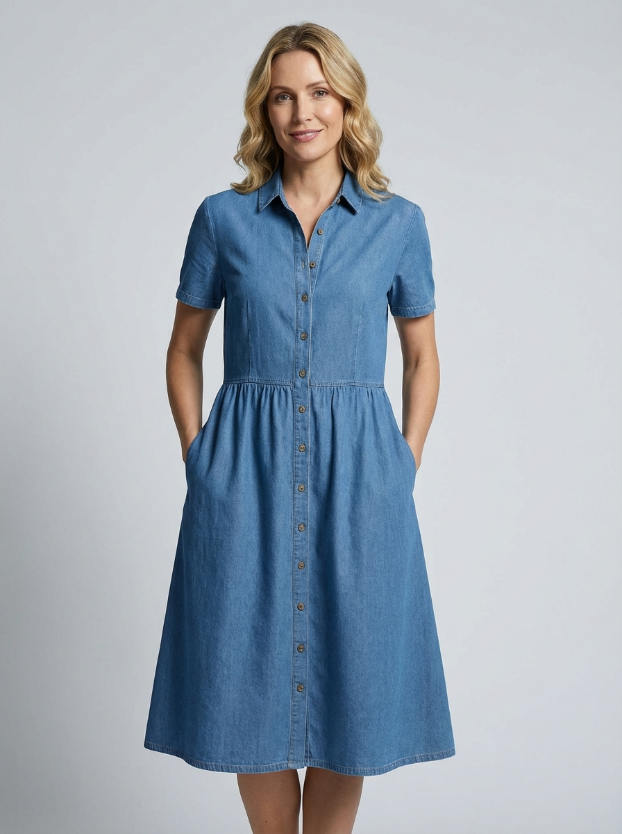Denim Skjortekjole med Knaplukning og Korte Ærmer