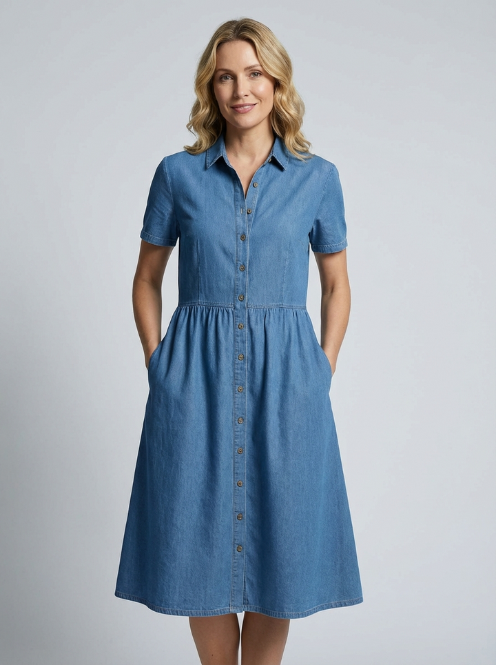 Denim Skjortekjole med Knaplukning og Korte Ærmer