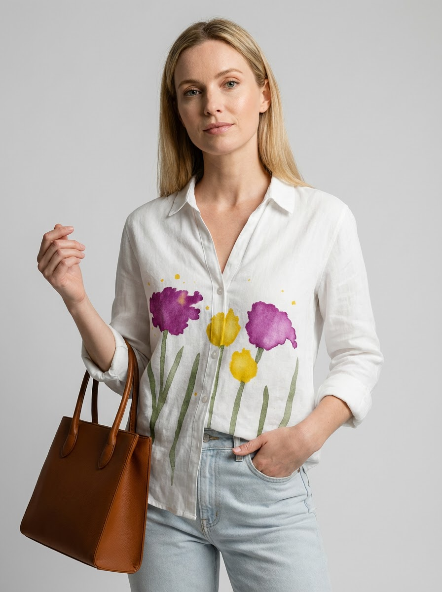 Blomstret V-hals Bluse med Lange Ærmer