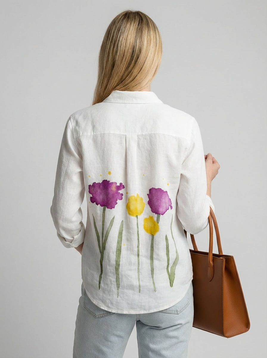 Blomstret V-hals Bluse med Lange Ærmer
