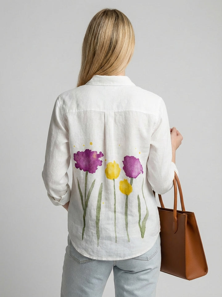 Blomstret V-hals Bluse med Lange Ærmer
