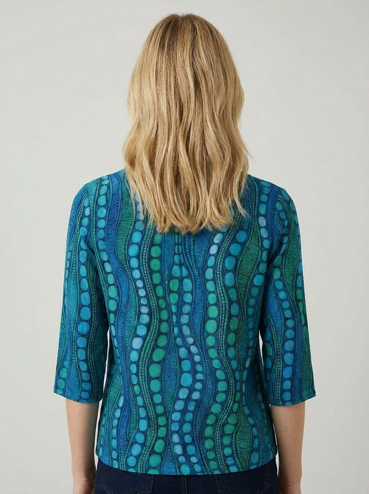 Abstrakt Polkaprikket Bluse med V-Hals og 3/4 Ærmer
