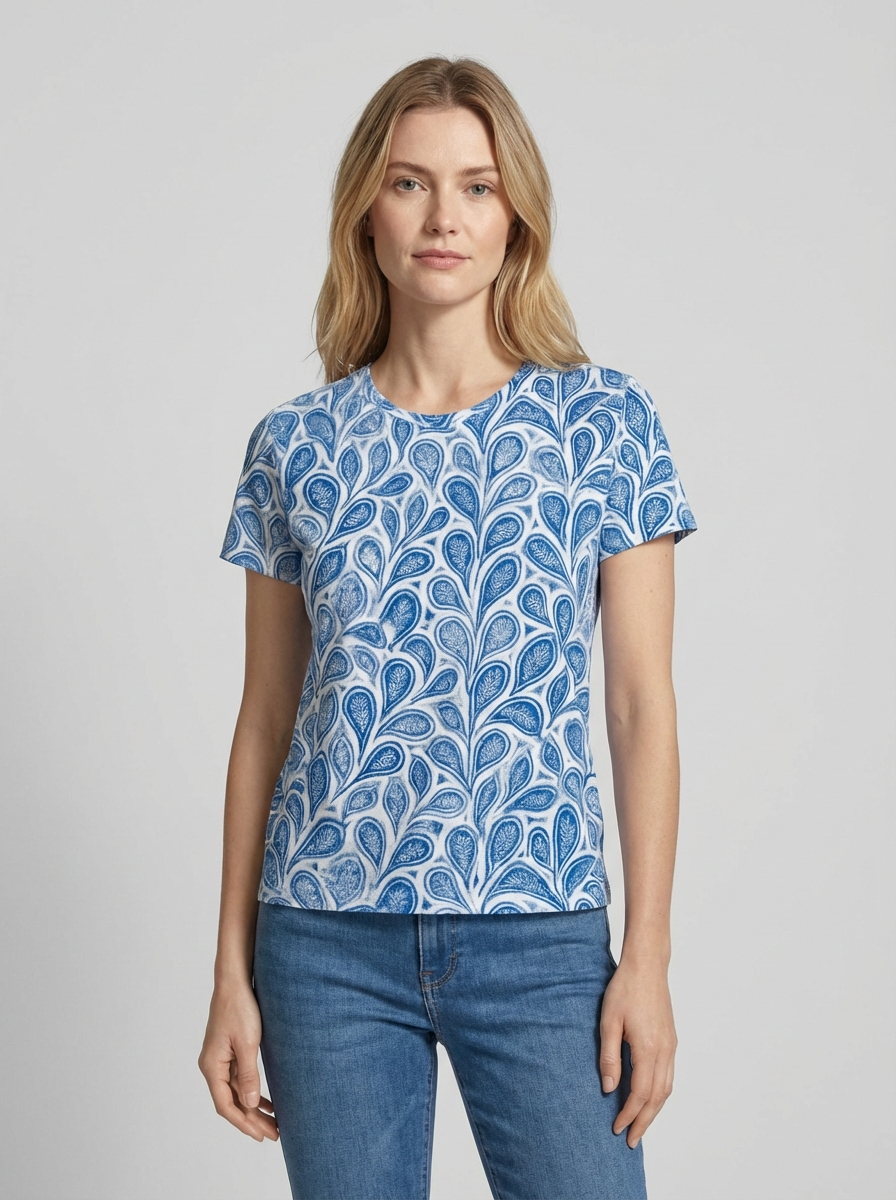 Blå Printet T-shirt med Rund Hals og Korte Ærmer