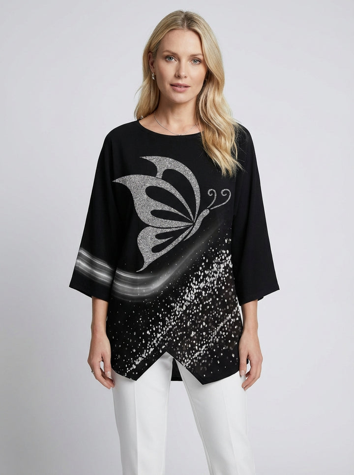 Sommerfugl-Print Bluse med Rund Hals og Lange Ærmer