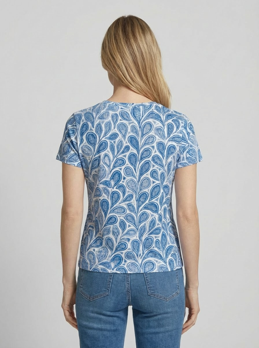 Blå Printet T-shirt med Rund Hals og Korte Ærmer