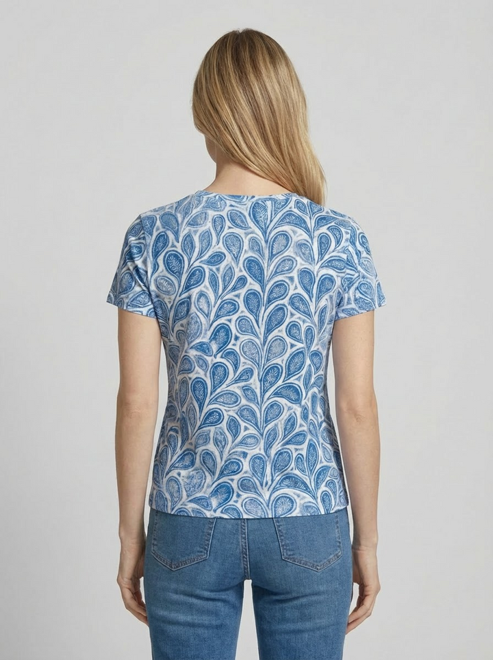 Blå Printet T-shirt med Rund Hals og Korte Ærmer