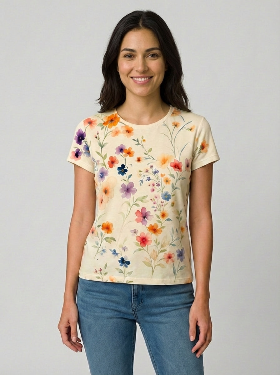Vintage Blomstret T-shirt med Rund Halsudskæring