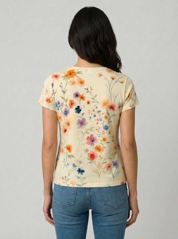 Vintage Blomstret T-shirt med Rund Halsudskæring