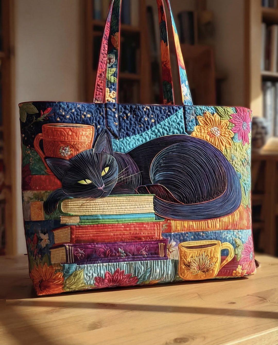 Quiltet tote bag "Sort kat med bøger og tekopper"