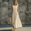 Dame Stilfuld Creme Plisseret Maxikjole