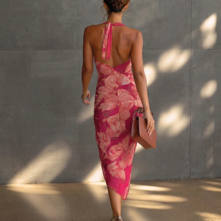 Cowl Neck Blomster Pleated Midi Kjole