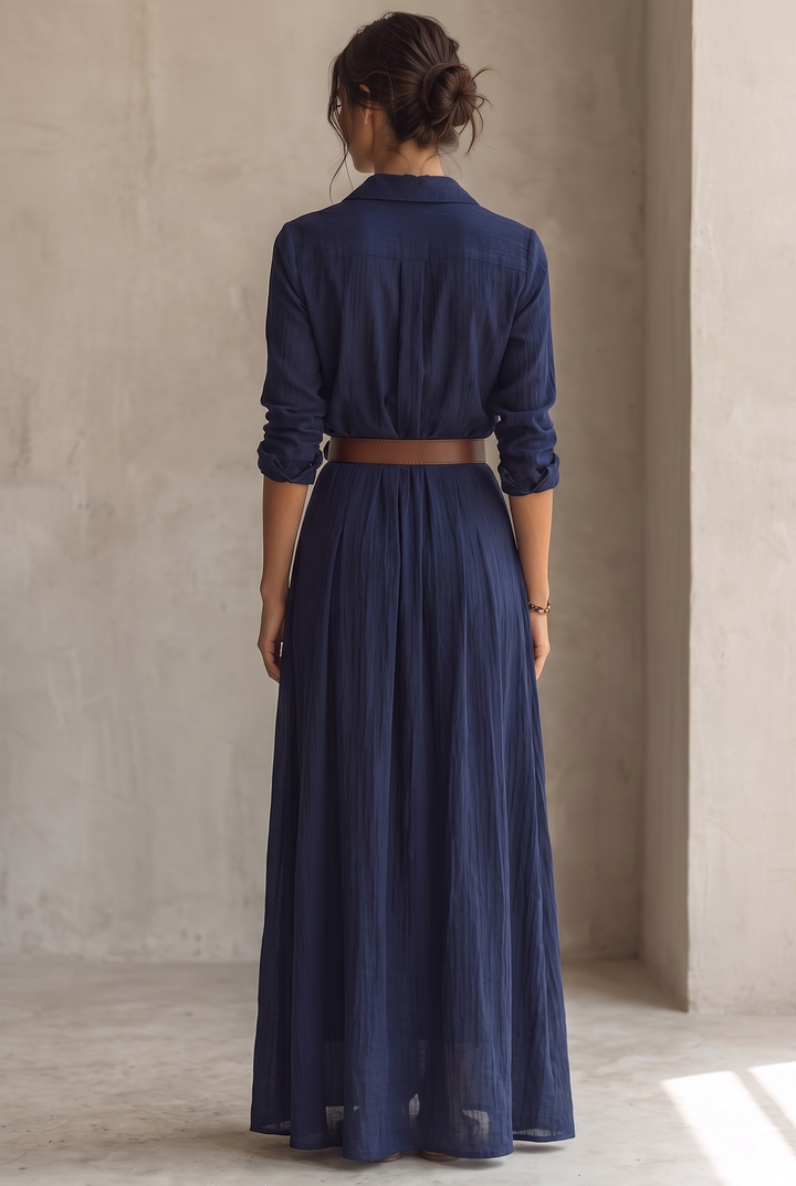 Maxikjole til kvinder med reverskrave, enkeltradet, med bælte og lange ærmer