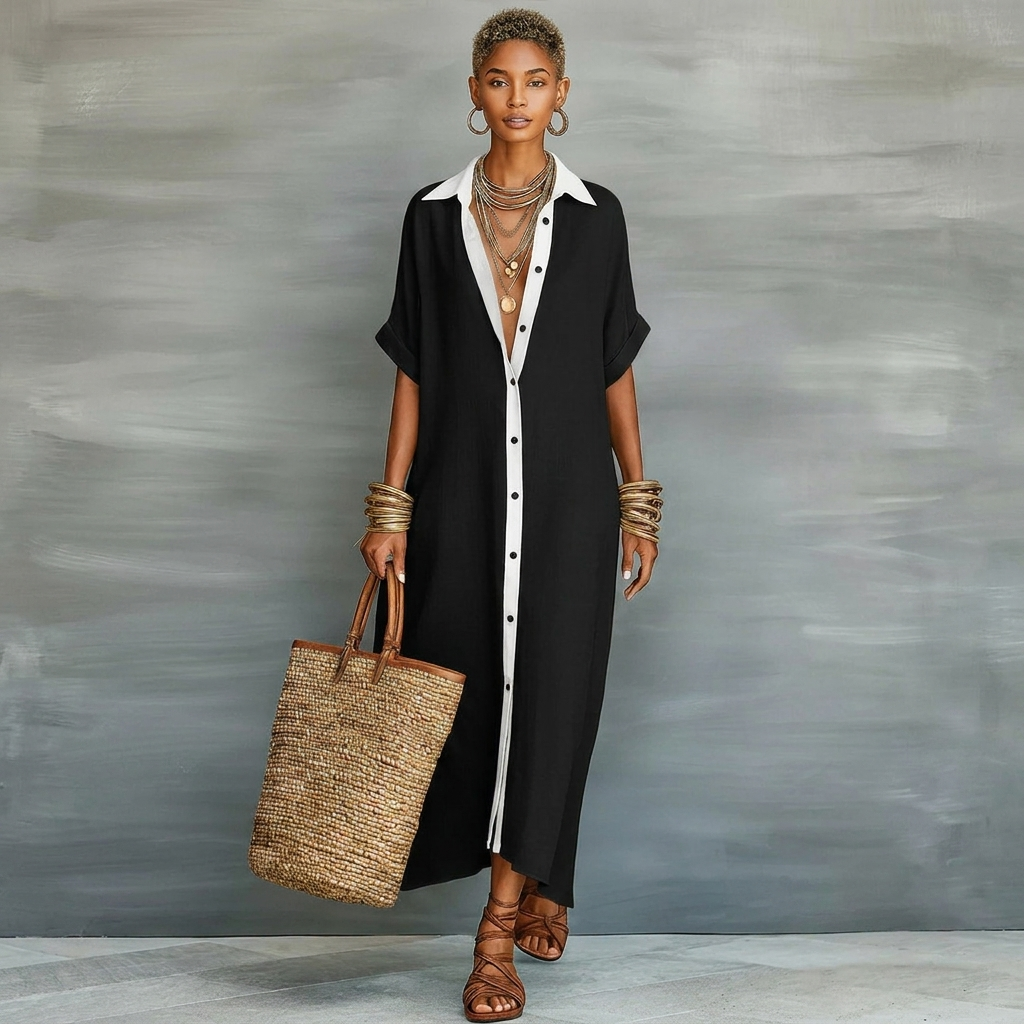 Kvinders Oversized Knap-Ned Maxi Skjorte Kjole