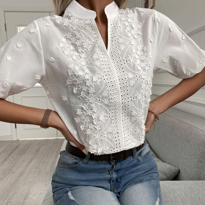 Kvinders blomsterbroderi ståkrave bluse