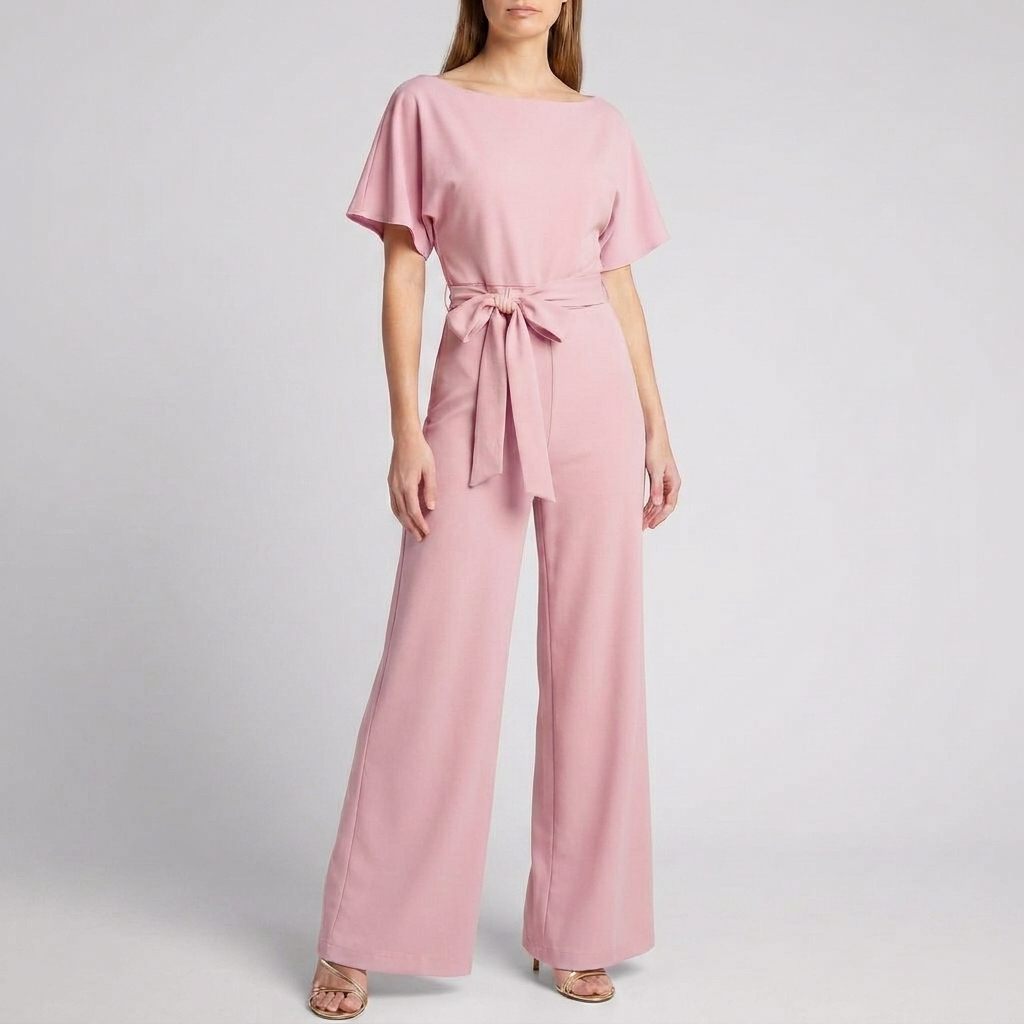 Kvindernes Kortærmede Bælte Bred Ben Jumpsuit