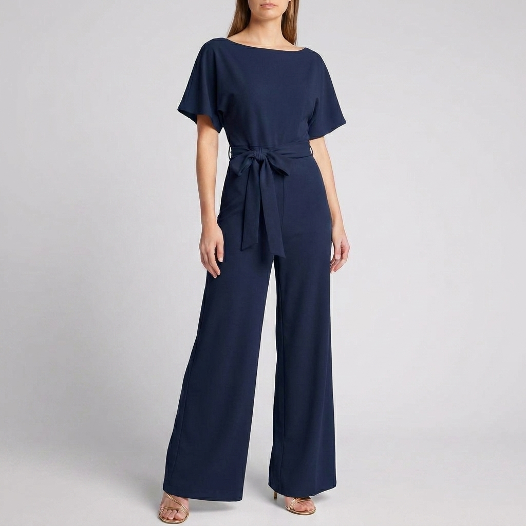 Kvindernes Kortærmede Bælte Bred Ben Jumpsuit