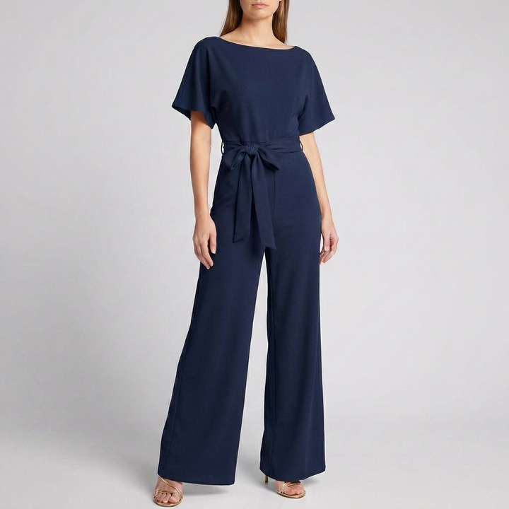 Kvindernes Kortærmede Bælte Bred Ben Jumpsuit