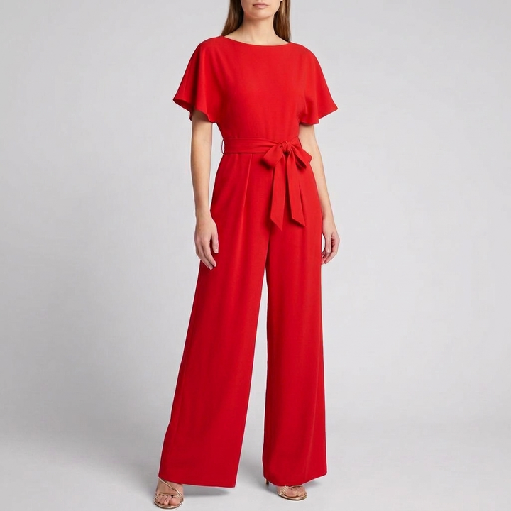 Kvindernes Kortærmede Bælte Bred Ben Jumpsuit