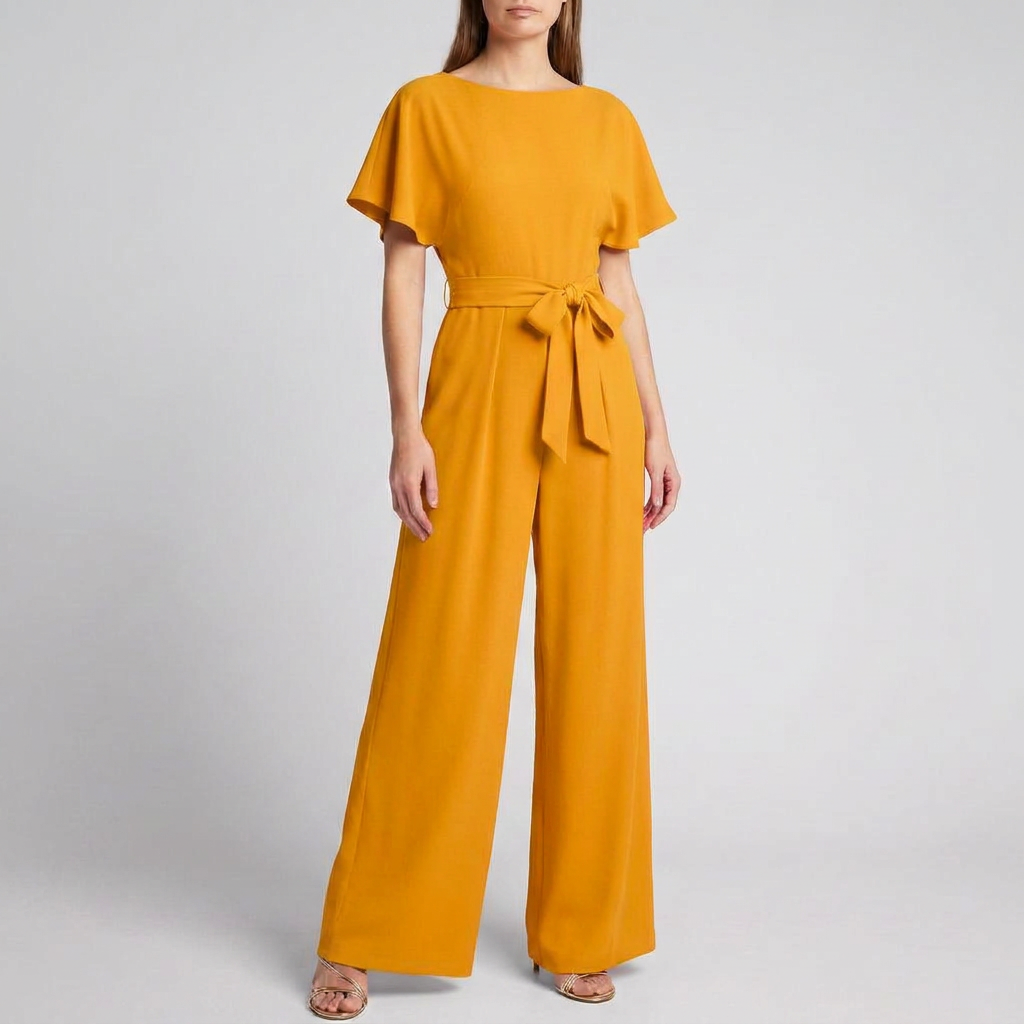 Kvindernes Kortærmede Bælte Bred Ben Jumpsuit