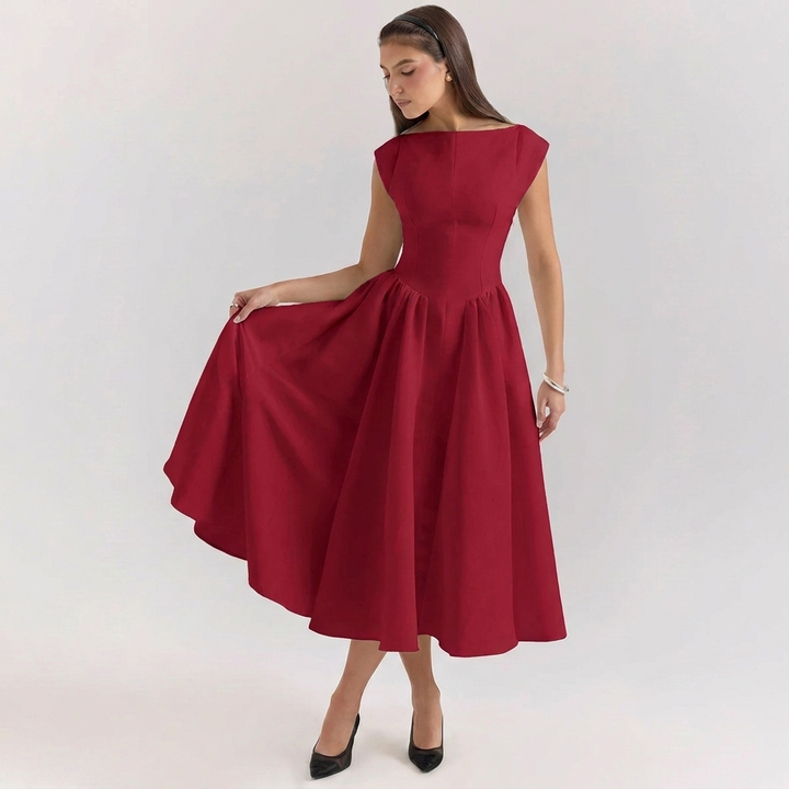 Kvinders elegante højtaljede plisserede midi kjole