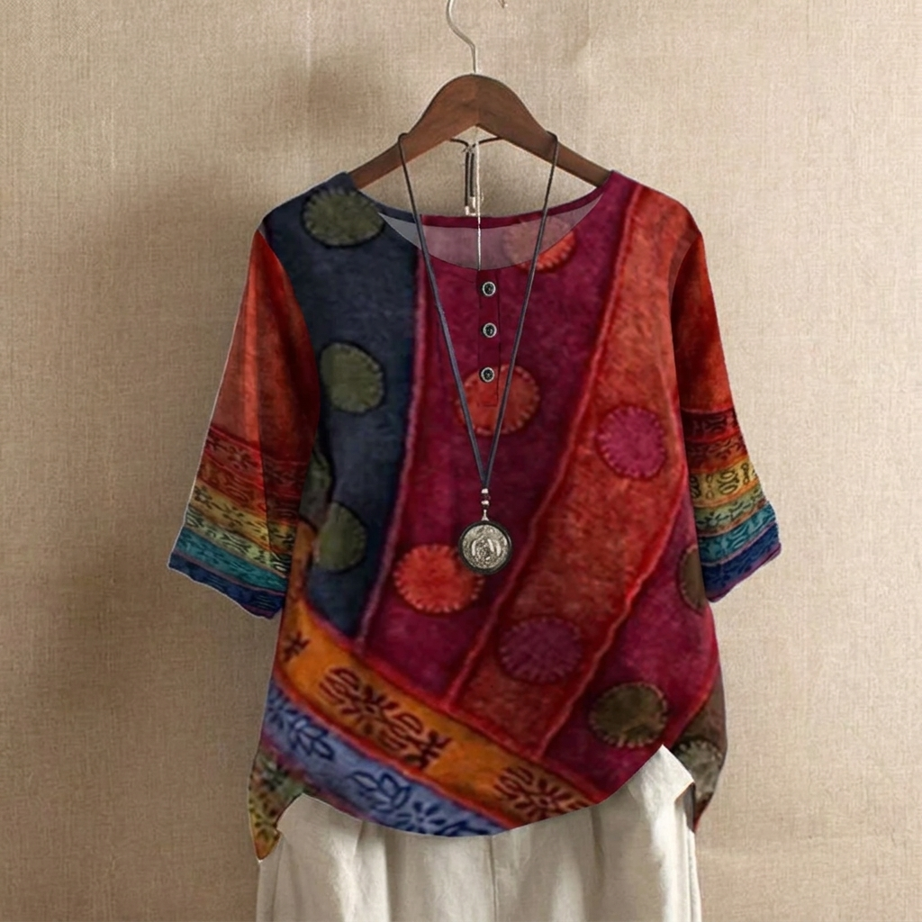 Kvinders Boho Vintage Digital Print 3/4 Ærme Top