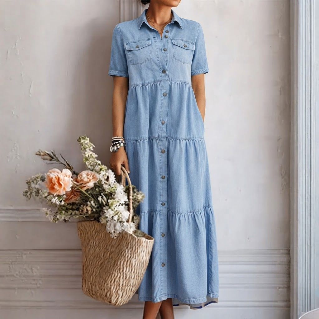 Denim-print midikjole – afslappet snit med knaplukning foran